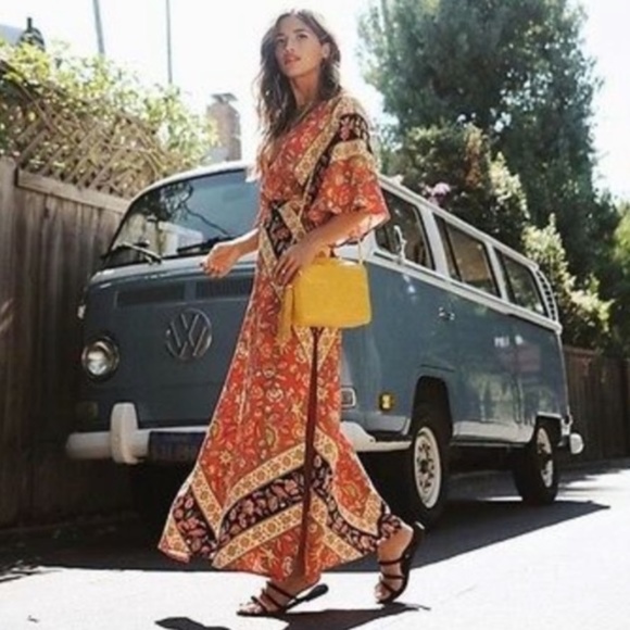 SOLD OUT Red Bohemian Floral Open Back Kimono Maxi Dress - Picture 4 of 6